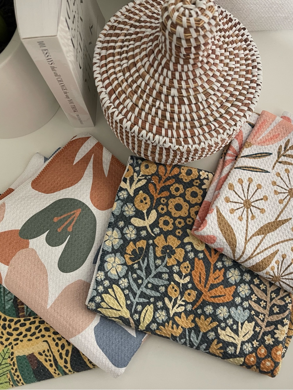GEOMETRY lot of 4 hand dish towels microfiber floral leopard